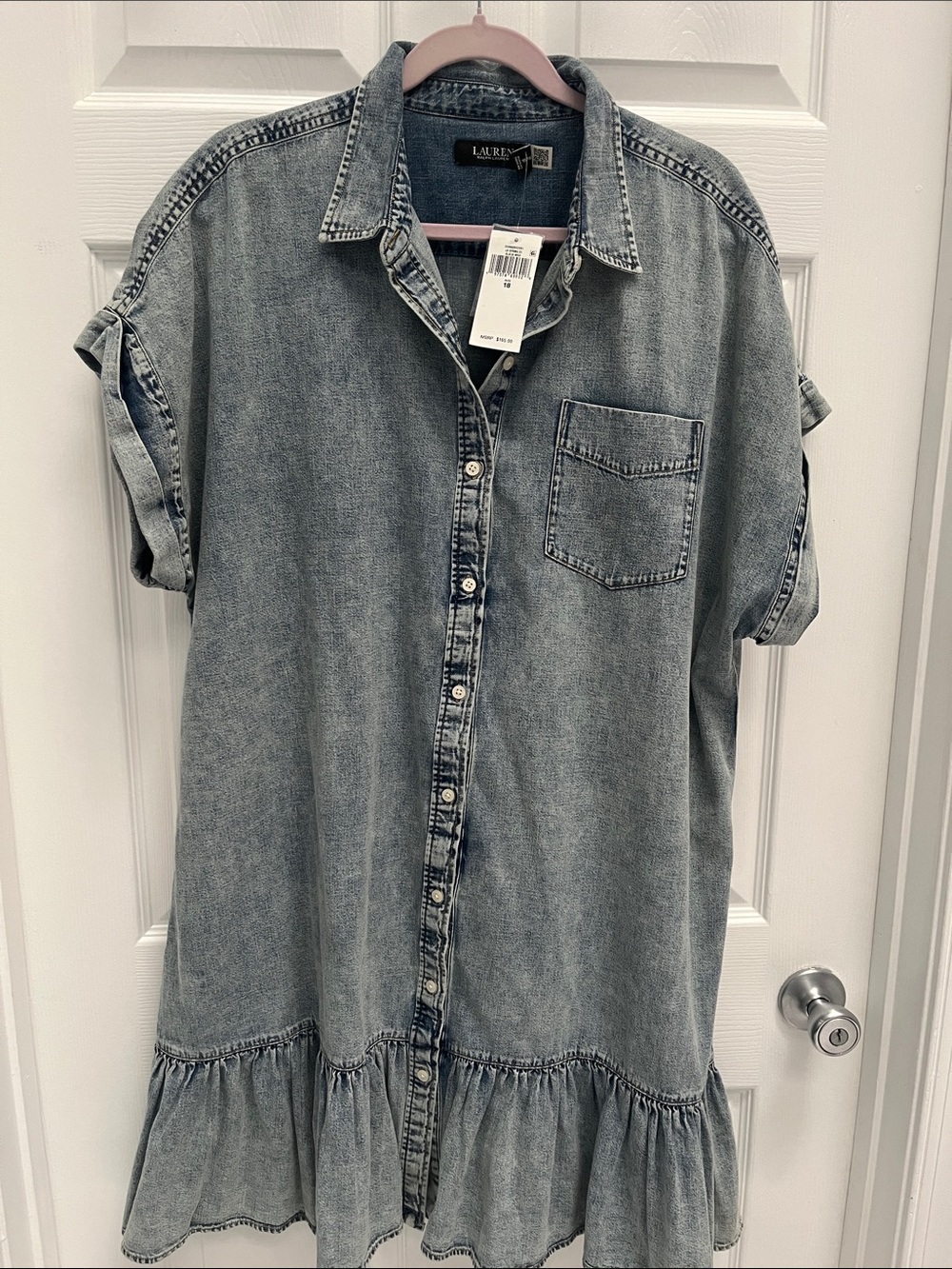 Lauren Ralph Lauren Light Blue Denim Shirt Dress with Ruffle Hem